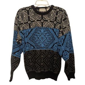 J.‎ TODD blue black Aztec design Acrylic Geometric print Vintage Sweater M